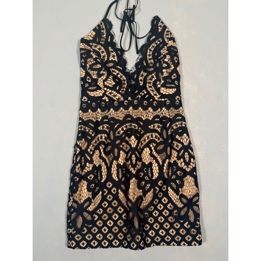 Tobi Black Lace Nude Illusion Halter V-Neck‎ Mini Dress Small
